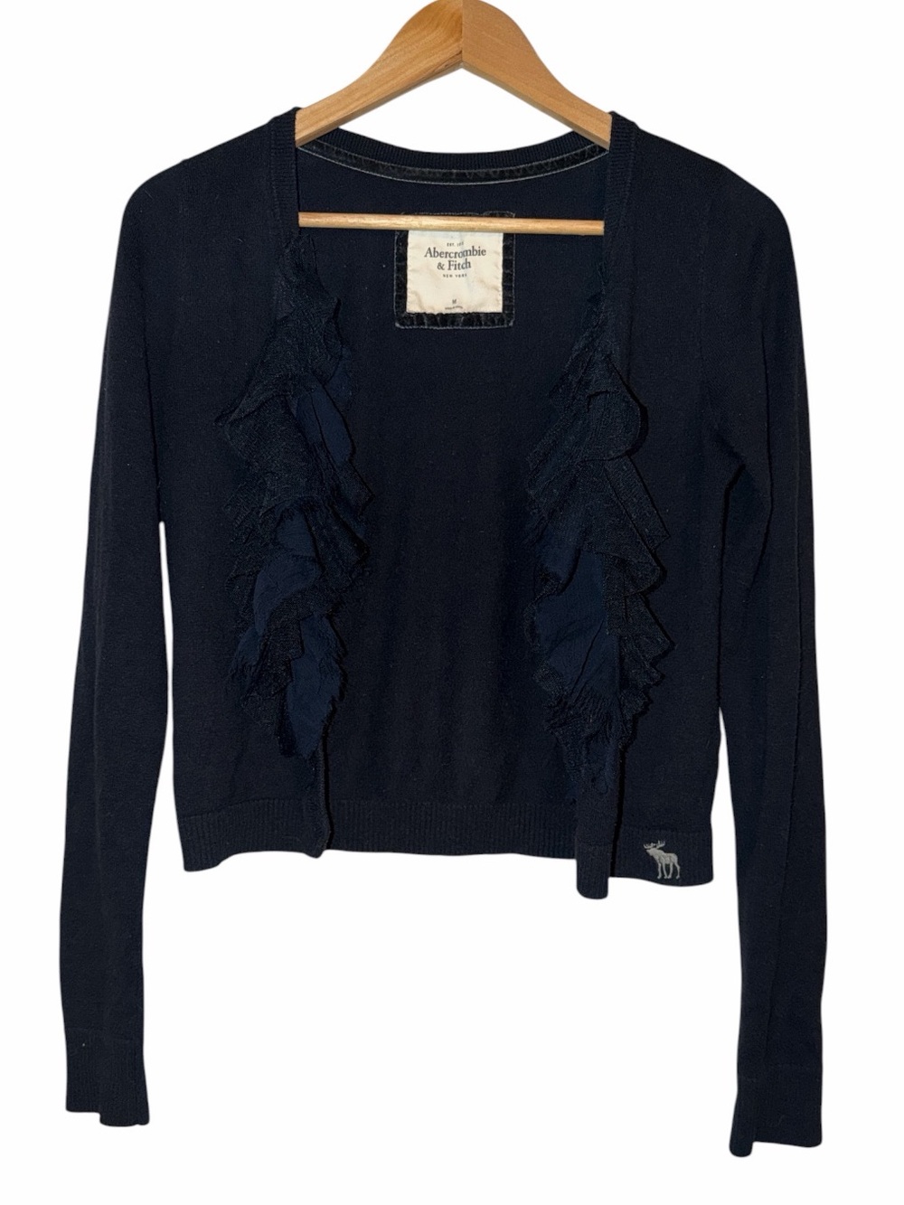 Y2K Vintage Abercrombie & Fitch Cropped Ruffle Cardigan Women’s Medium Navy Blue